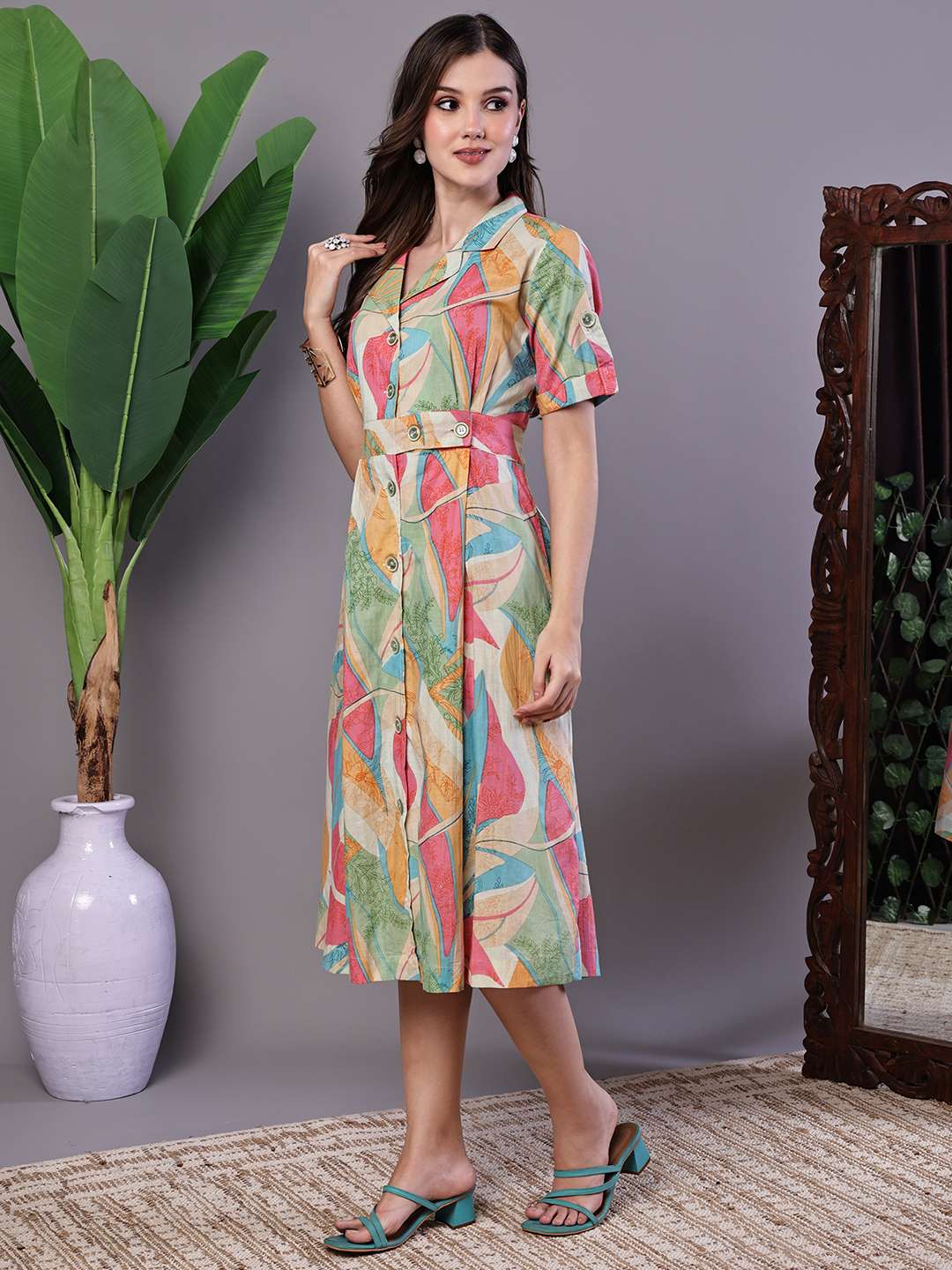 Women's Pastel Abstract Print Button-Down Cotton Midi Dress - Image 3