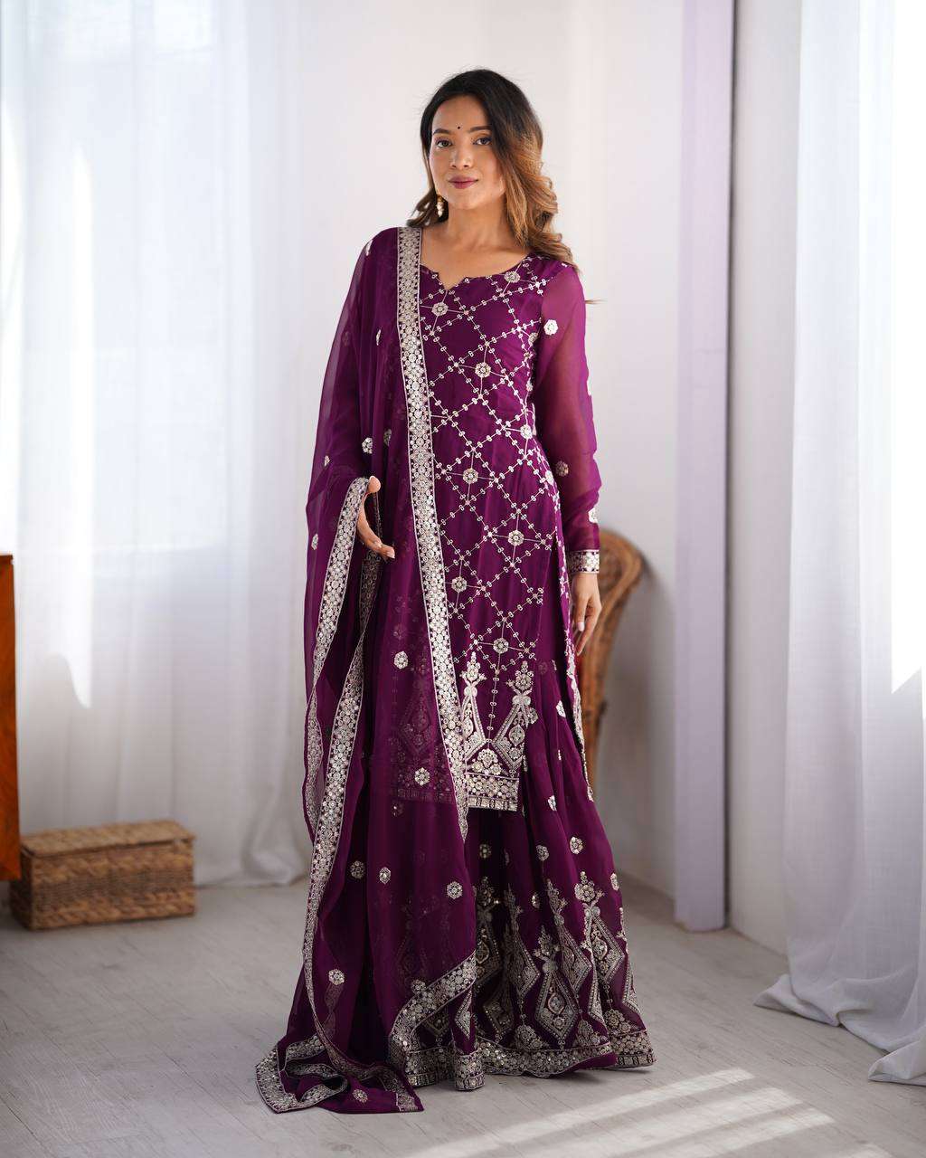Women's Georgette Embroidery Work Straight Kurta With Sharara Suit and Dupatta Set - Image 2